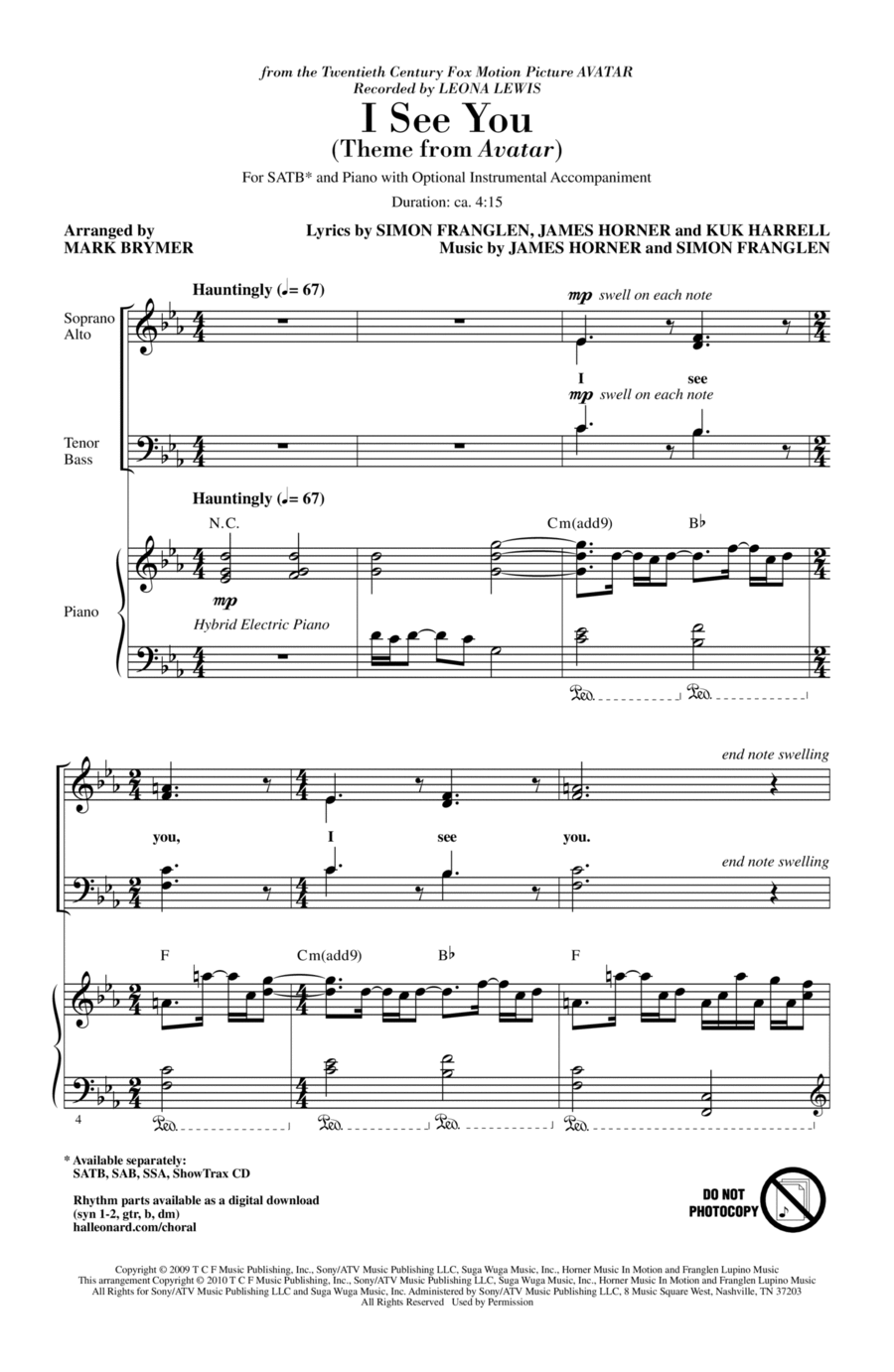 I See You (Theme from Avatar) 4-Part scores gallery preview page 1