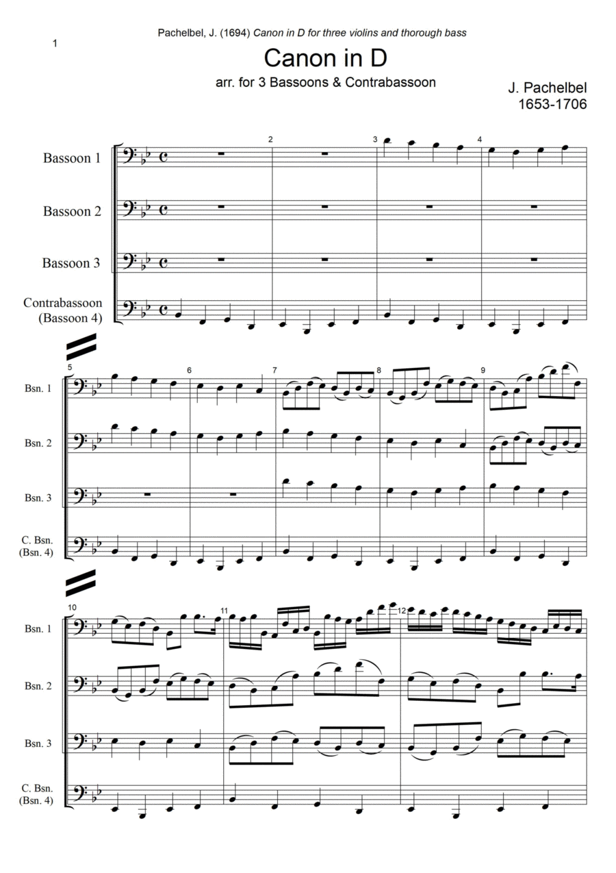 J. Pachelbel - Canon in D-dur, arr. for Bassoon Quartet Woodwind Quartet scores gallery preview page 1
