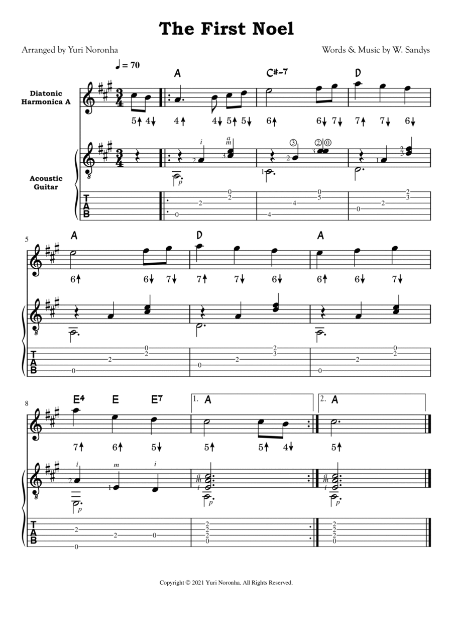 The First Noel - For Harmonica key A and Acoustic Guitar (with TAB) Harmonica scores gallery preview page 1