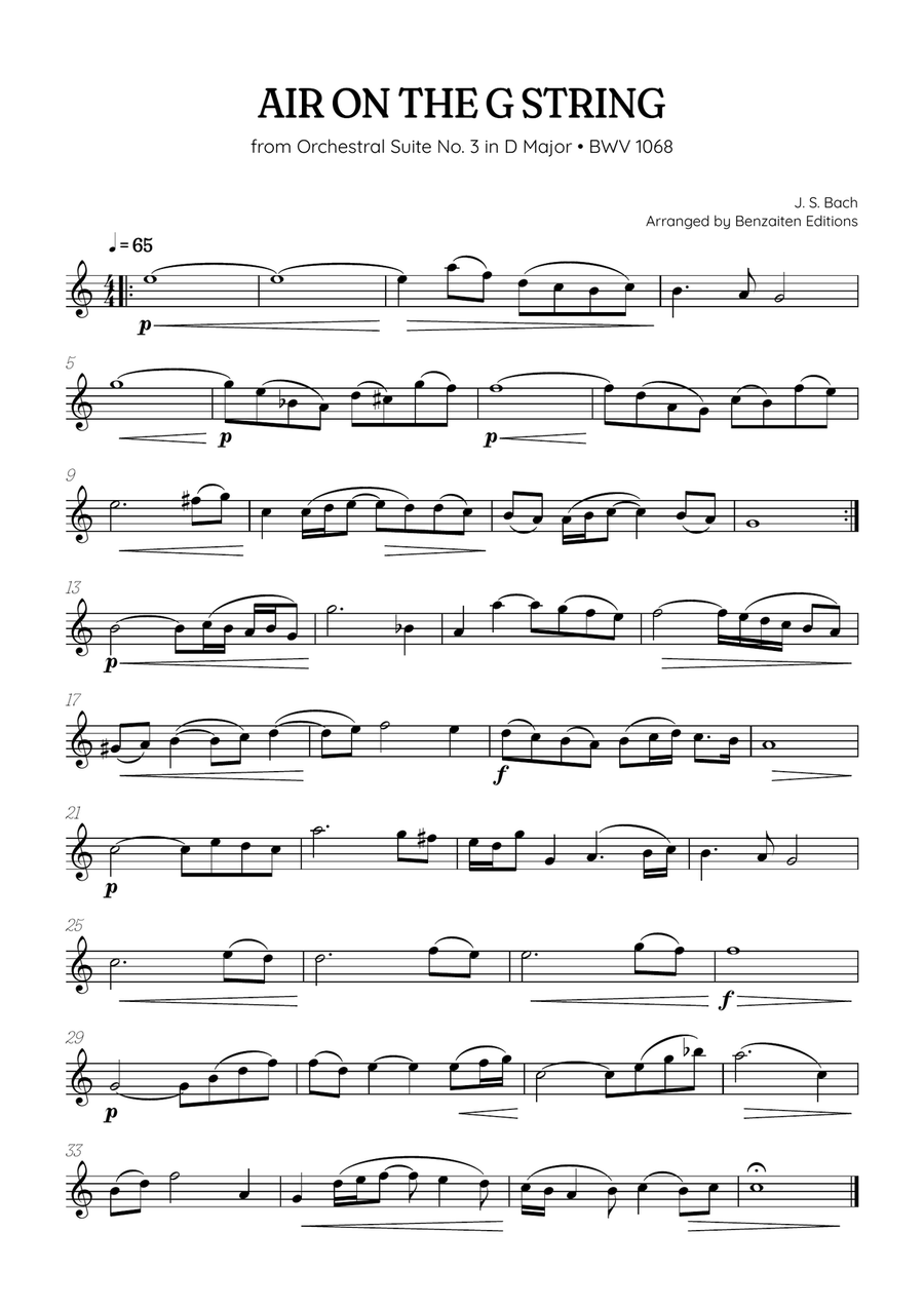 JS Bach • Air on the G String from Suite No. 3 BWV 1068 | flute sheet music Flute Solo scores gallery preview page 1
