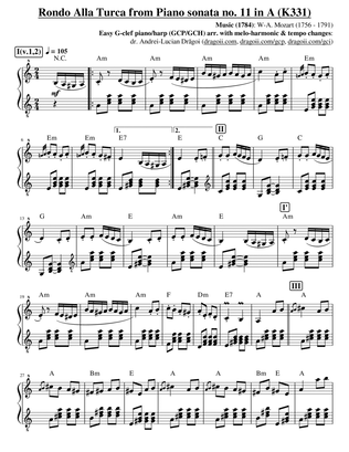 Mozart (W-A) - Rondo Alla Turca (Turkish march) - G-clef piano/harp arrangement