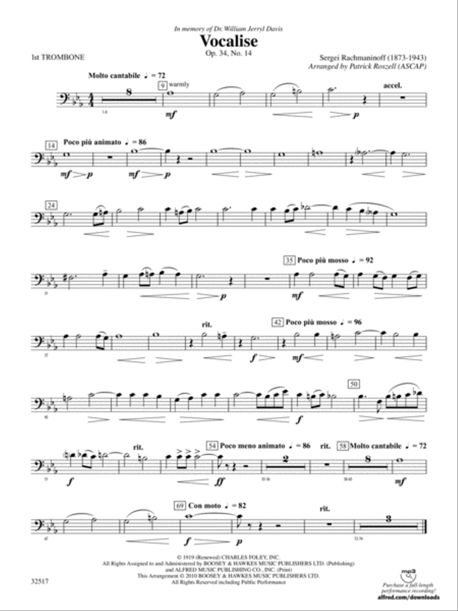 Vocalise, Op. 34, No. 14: 1st Trombone Concert Band scores gallery preview page 1