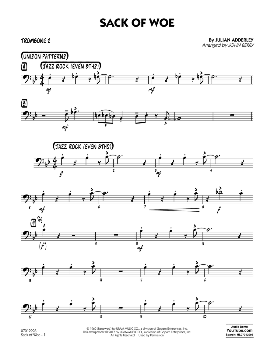 Sack of Woe - Trombone 2 Sack of Woe - Trombone 2 Jazz Ensemble scores gallery preview page 1