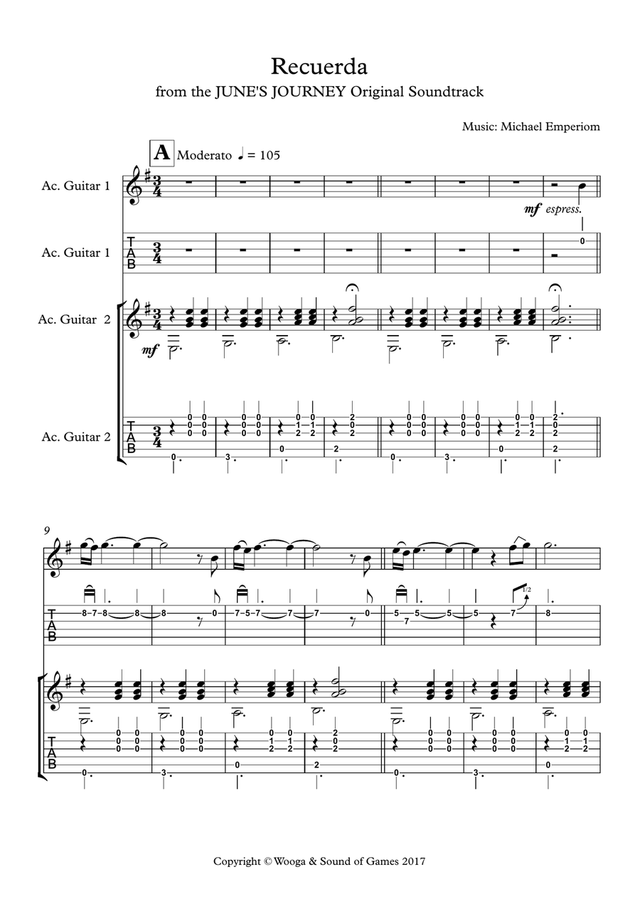 Recuerda (June's Journey Original Soundtrack) Acoustic Guitar scores gallery preview page 1