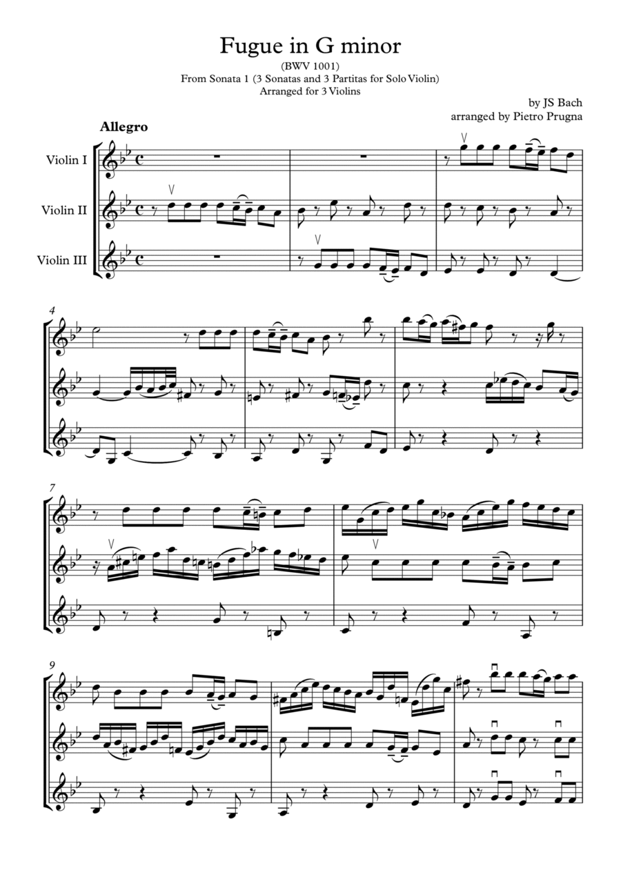 Fugue in G minor (from 3 Sonatas and 3 Partitas for Solo Violin) (BWV 1001) - arranged for 3 violins String Trio scores gallery preview page 1