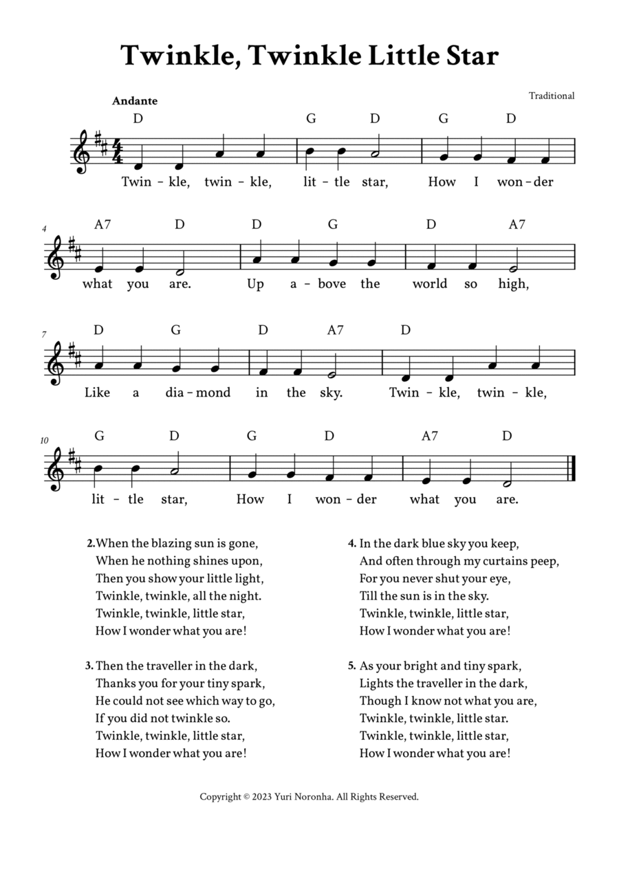 Twinkle, Twinkle Little Star - Lead Sheet D Major (Full Lyrics) A Cappella scores gallery preview page 1