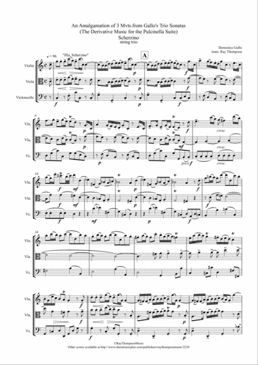 Gallo: 3 movts. from 2 Trio Sonatas (Pulcinella Suite III.Scherzino) - string trio String Trio scores gallery preview page 1