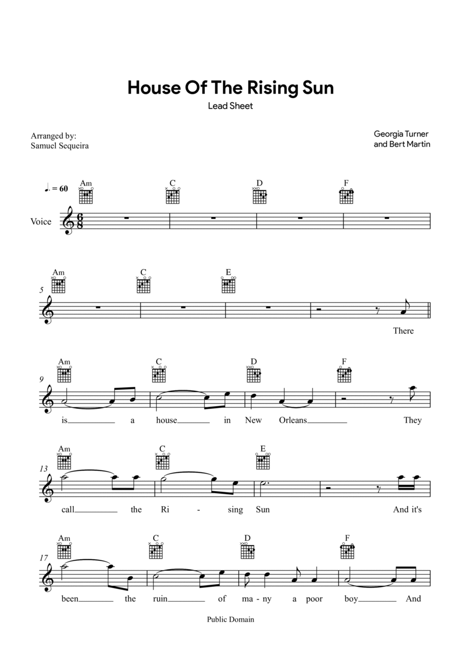House of the Rising Sun - Lead Sheet - with play along Easy Piano scores gallery preview page 1