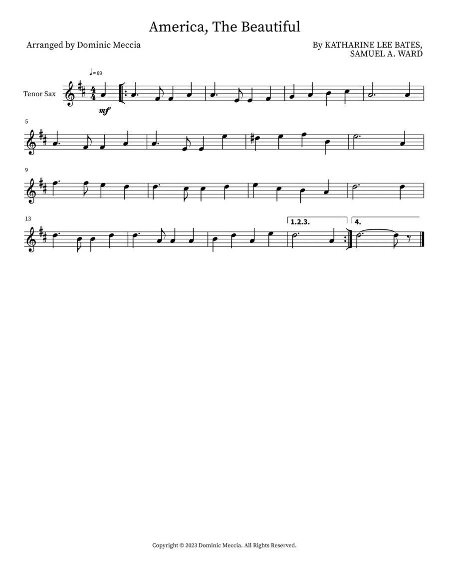 America, The Beautiful Tenor Saxophone scores gallery preview page 1