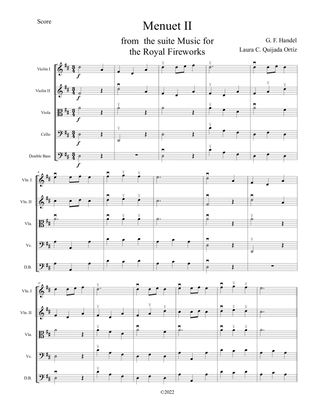 Menuet II from the Music for the Royal Fireworks, early intermediate string orchestra. SCORE & PARTS