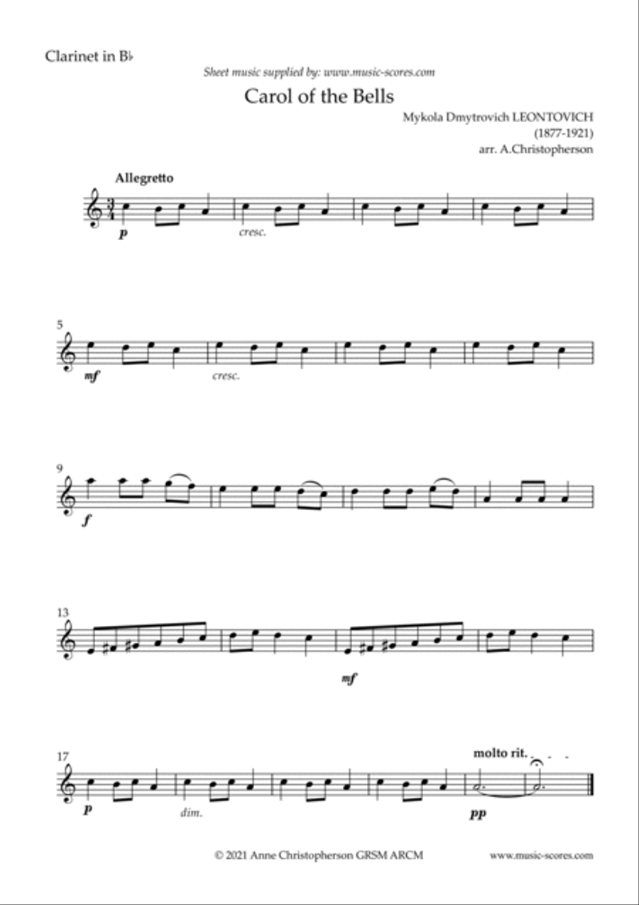 Carol of the Bells - Easy Clarinet with note names image number null