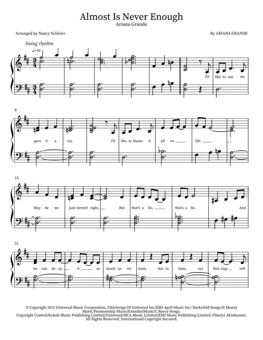 Almost Is Never Enough Easy Piano scores gallery preview page 1
