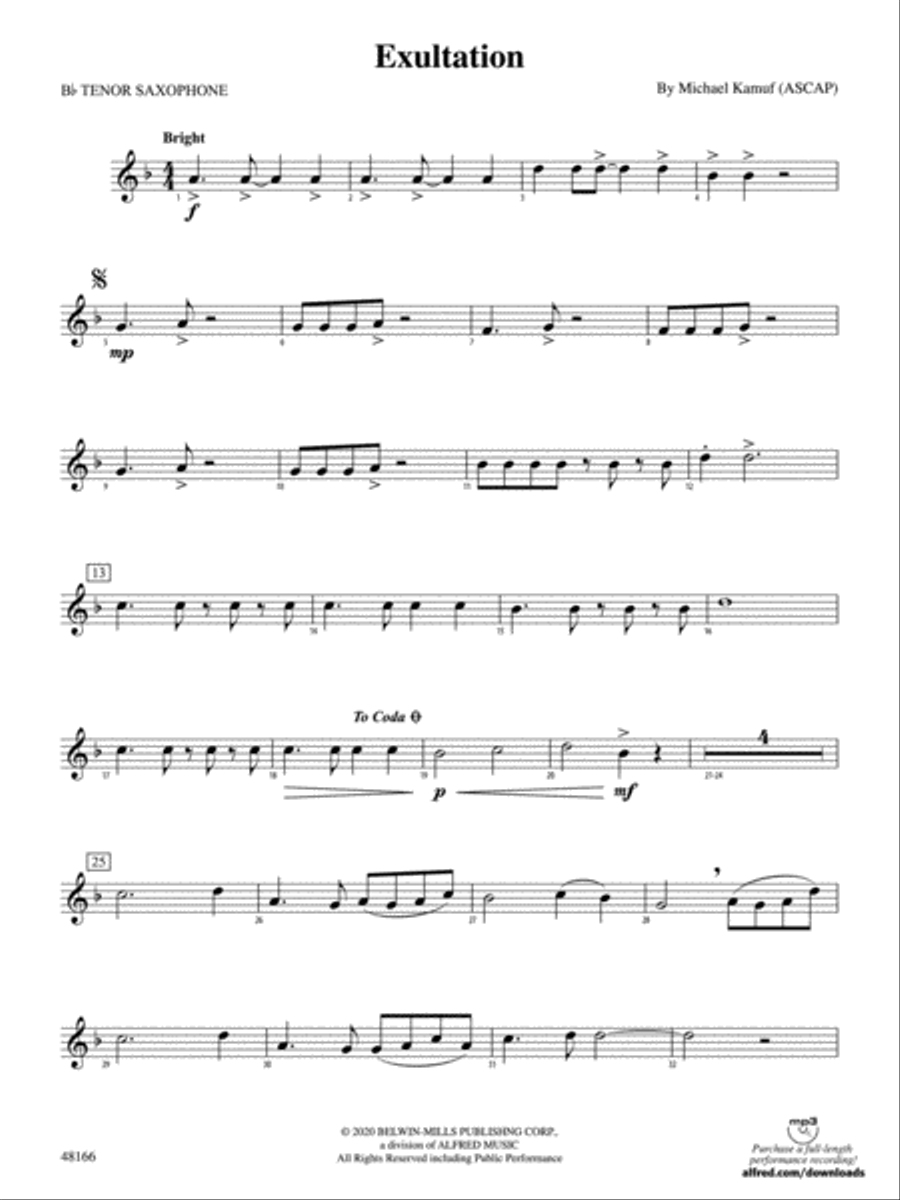 Exultation: B-flat Tenor Saxophone Concert Band scores gallery preview page 1