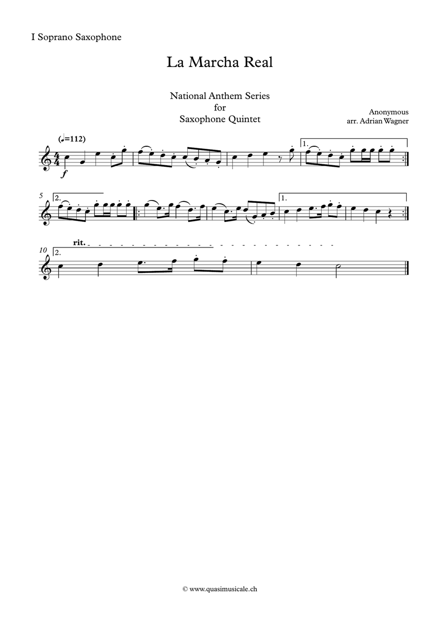 La Marcha Real (National Anthem of Spain) Saxophone Quintet arr. Adrian Wagner image number null