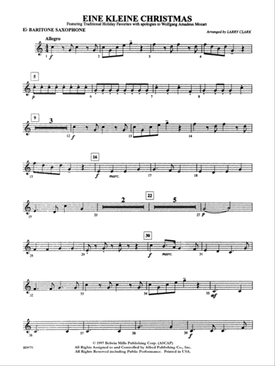 Eine Kleine Christmas (featuring Traditional Holiday Favorites (with apologies to Wolfgang Amadeus Mozart)): E-flat Baritone Saxophone Concert Band scores gallery preview page 1