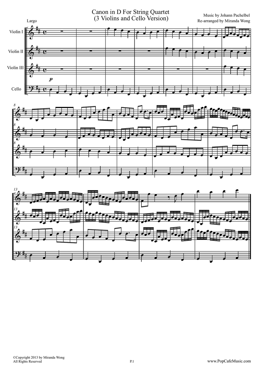 Canon in D - 3 Violins and Cello (Romantic Version) String Quartet scores gallery preview page 1