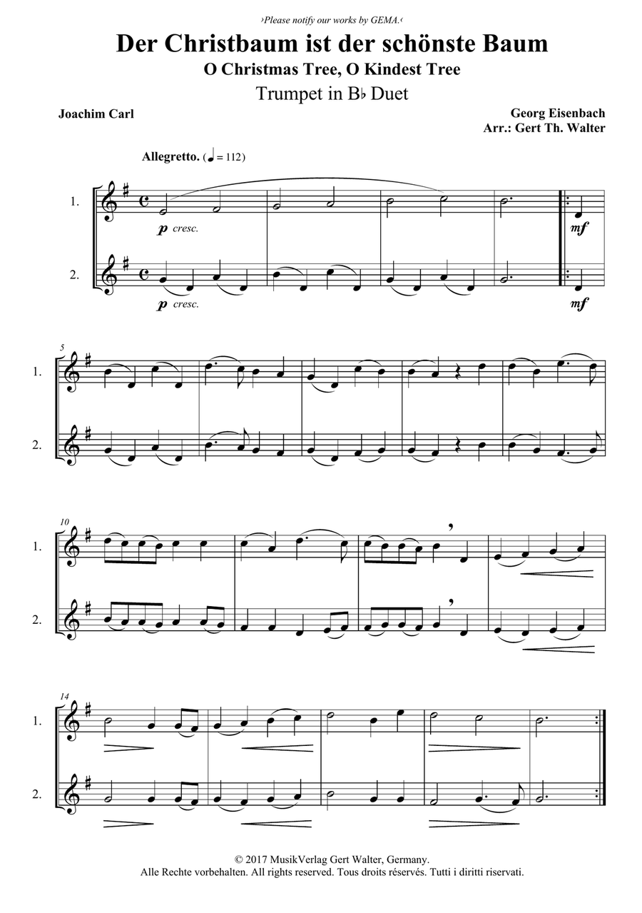 O Christmas Tree, O Kindest Tree Trumpet Duet scores gallery preview page 1