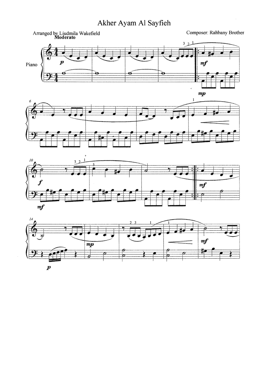 Akher Ayam Al Sayfieh Piano Solo scores gallery preview page 1