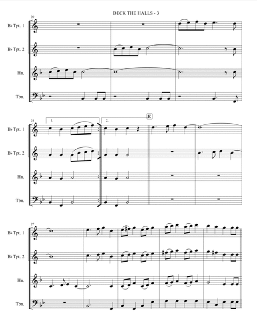 Deck The Halls - 2 Trumpet, Horn, Trombone (Brass Quartet) image number null
