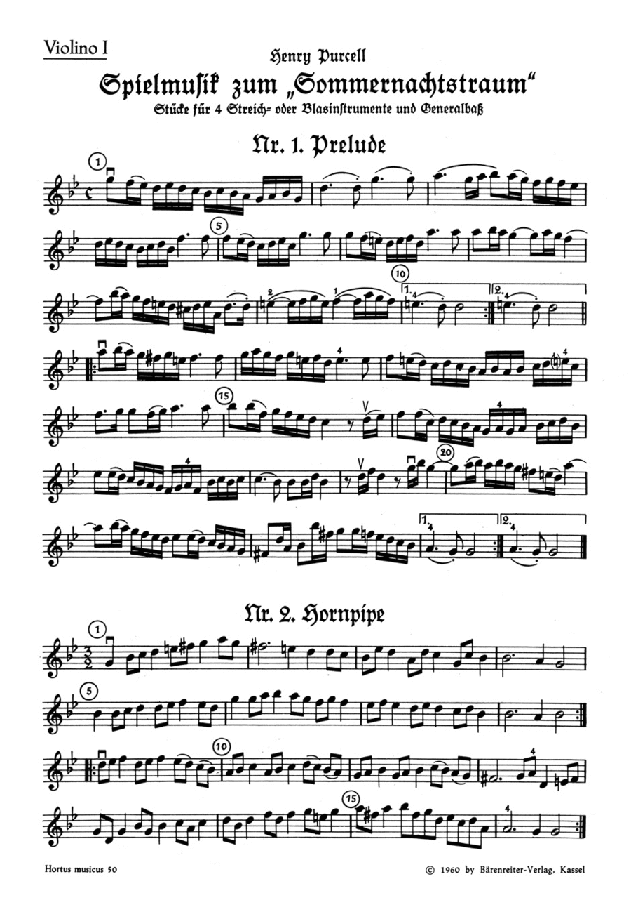 Spielmusik zum Sommernachtstraum für Streicher (statt Viola auch Violine III) und Basso continuo/ Bläser ad lib