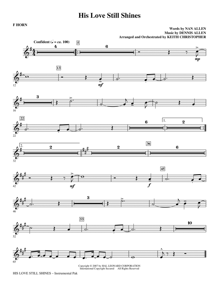 His Love Still Shines - F Horn Choir scores gallery preview page 1
