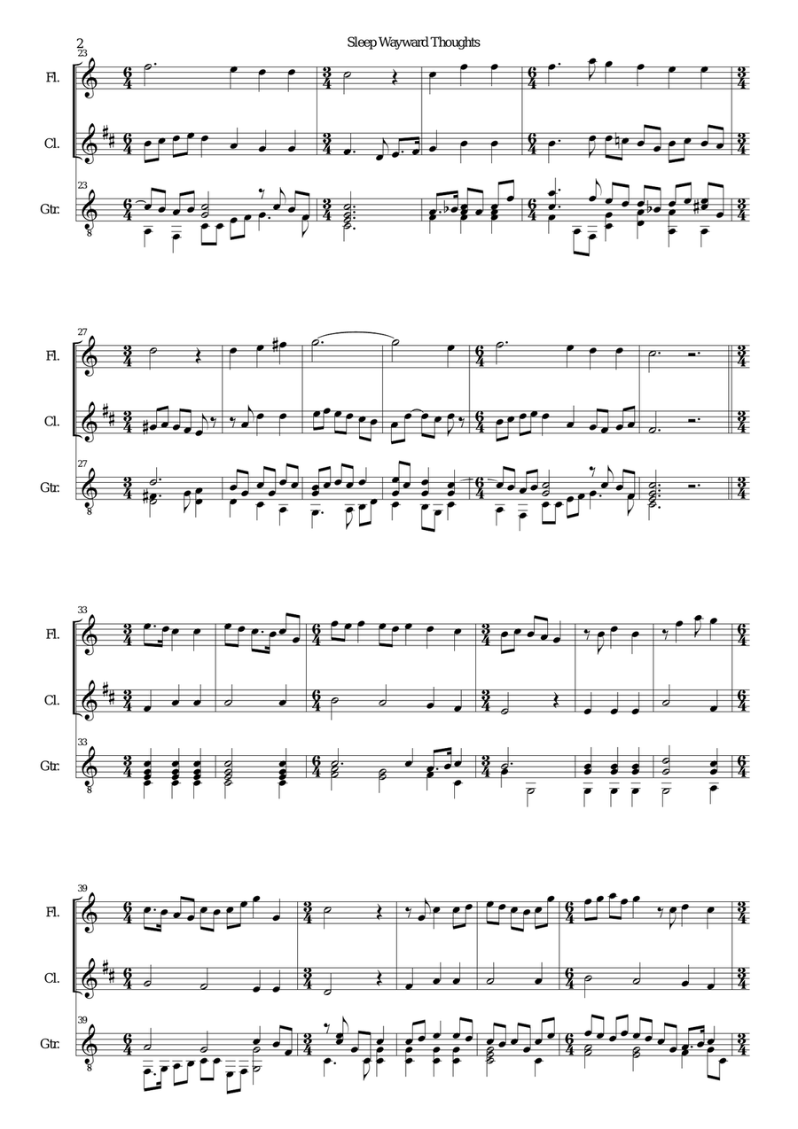 Sleep wayward thoughts for flute, clarinet and guitar Clarinet scores gallery preview page 2
