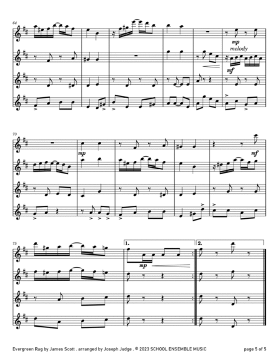Evergreen Rag by James Scott for Clarinet Quartet in Schools Clarinet Quartet scores gallery preview page 5