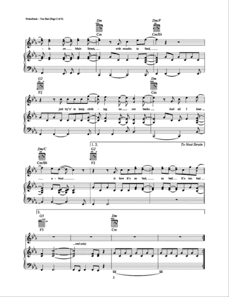 Too Bad Piano, Vocal, Guitar scores gallery preview page 2