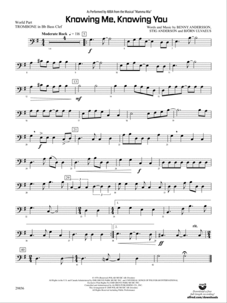 Knowing Me, Knowing You (As performed by ABBA from the musical Mamma Mia): (World Part) 1st B-flat Trombone B.C. Concert Band scores gallery preview page 1
