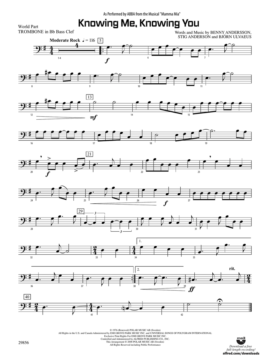 Knowing Me, Knowing You (As performed by ABBA from the musical Mamma Mia): (World Part) 1st B-flat Trombone B.C.