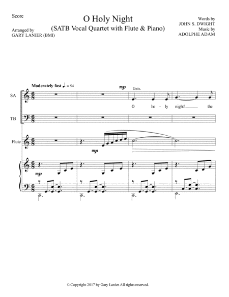 O HOLY NIGHT (SATB Vocal Quartet with Flute & Piano - Score & Parts included) image number null