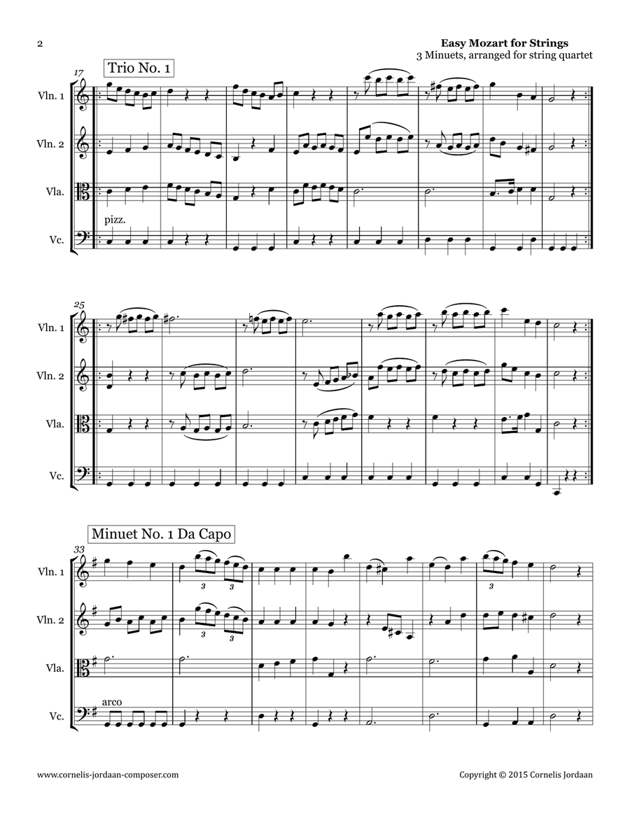 Easy Mozart for Strings - 3 Minuets, arranged for string quartet String Quartet scores gallery preview page 2
