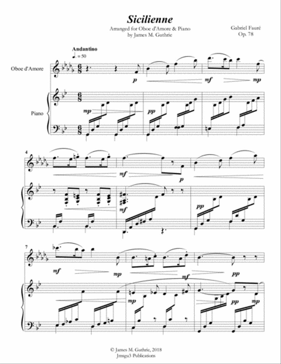 Fauré: Sicilienne for Oboe d'Amore & Piano Oboe scores gallery preview page 1