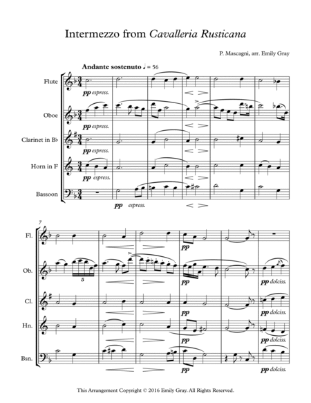 Cavalleria Rusticana Intermezzo for woodwind quintet image number null