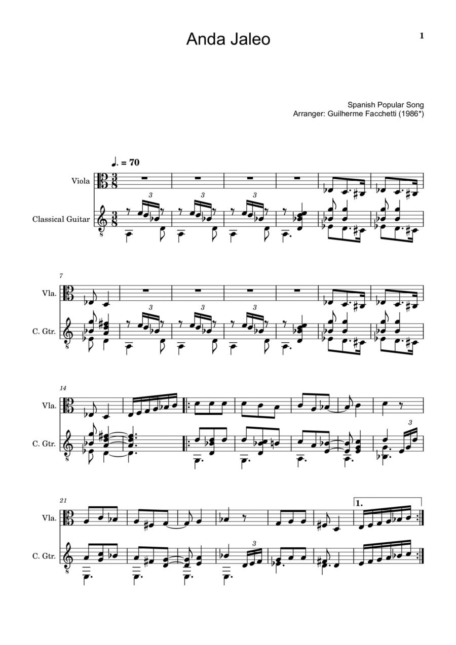 Spanish Popular Song - Anda Jaleo. Arrangement for Viola and Classical Guitar. Score and Parts String Duet scores gallery preview page 1