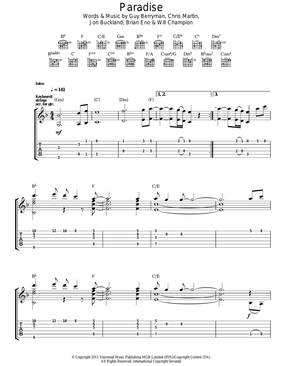 Paradise Paradise Guitar Tablature scores gallery preview page 1