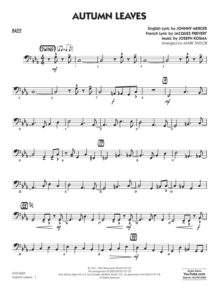 Autumn Leaves (Key: C minor) (arr. Mark Taylor) - Bass Jazz Ensemble scores gallery preview page 1