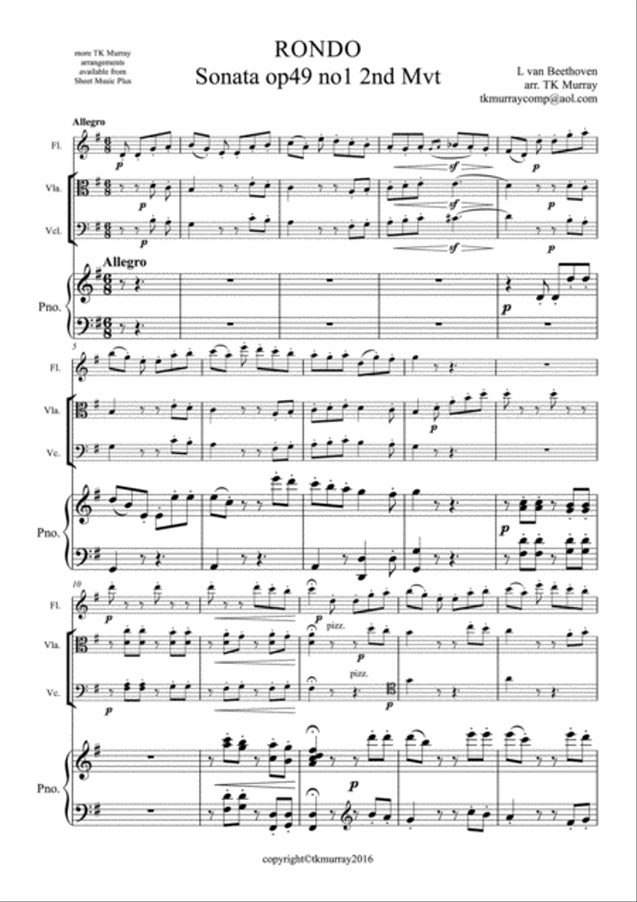 Beethoven - Rondo Op.49 - Flute, Viola, Cello, Piano Piano Quartet Small Ensemble scores gallery preview page 1