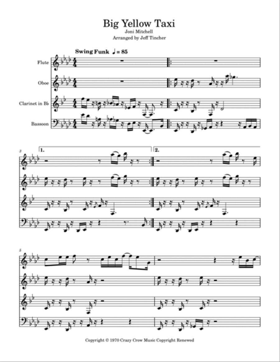 Big Yellow Taxi Woodwind Quartet scores gallery preview page 2