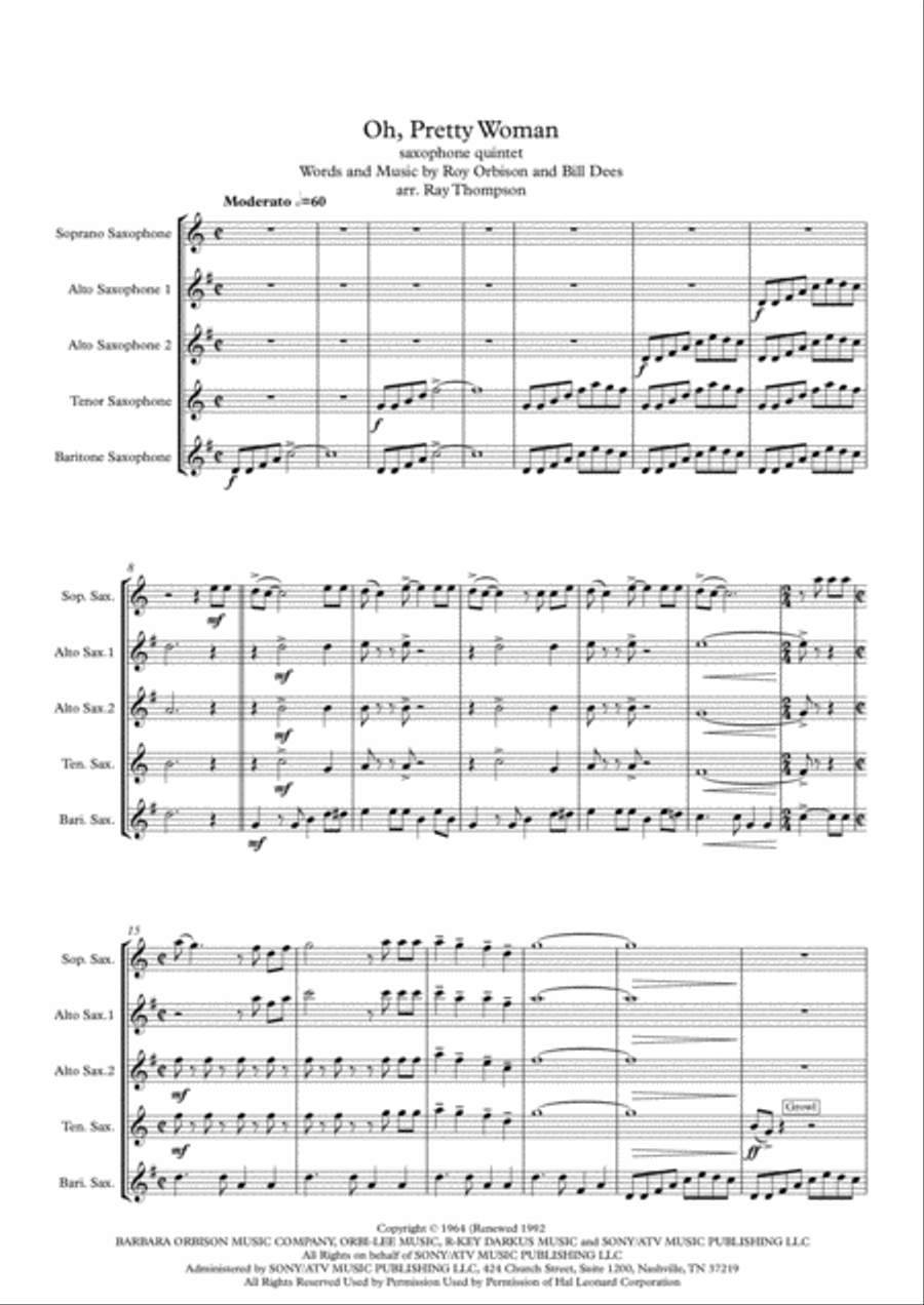 Oh, Pretty Woman Saxophone Quintet scores gallery preview page 1