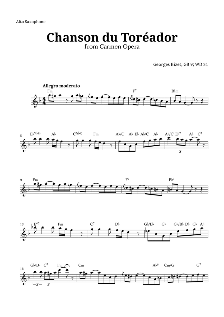 Chanson du Toreador by Bizet for Alto Sax image number null