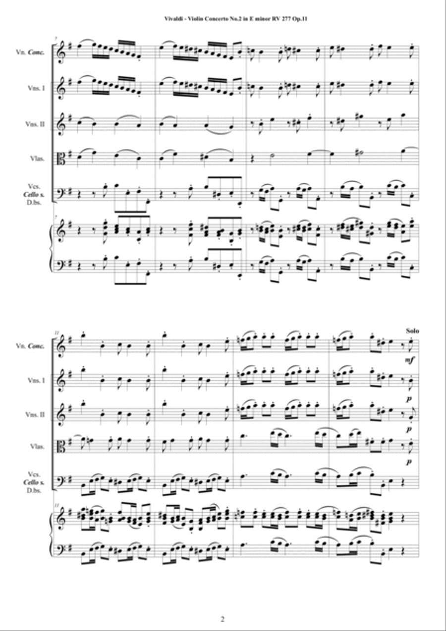 Vivaldi - Violin Concerto No.2 in E minor 'Il Favorito' RV 277 Op.11 for Violin, Strings and Cembalo Chamber Orchestra scores gallery preview page 2