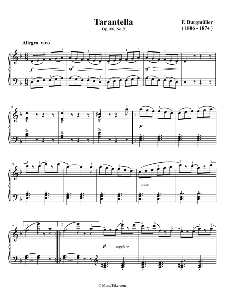 Burgmuller Tarantella Op.100 No.20 Piano Solo scores gallery preview page 1