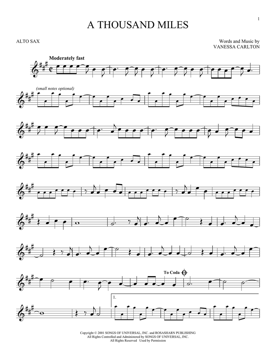 A Thousand Miles A Thousand Miles Alto Saxophone scores gallery preview page 1