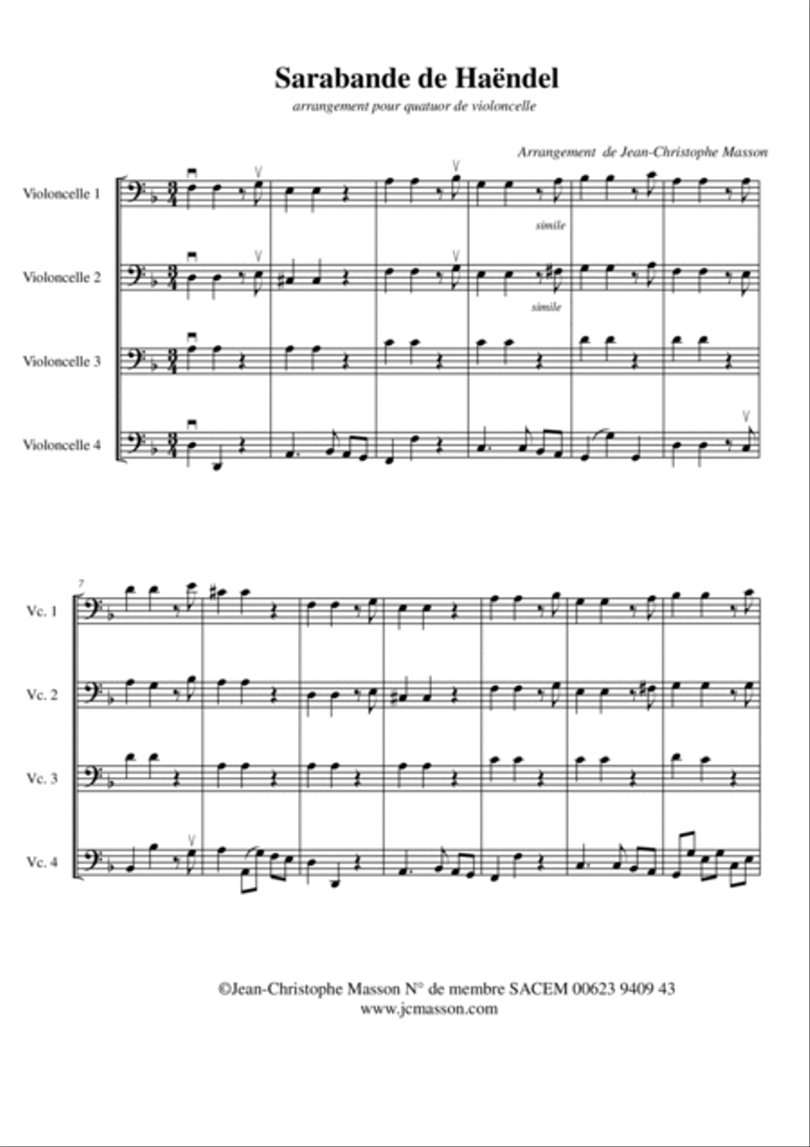 Sarabande by G.F. Handel --- arr. for cello quartet by Jean-Christophe Masson --- FULL SCORE AND PAR Cello Solo scores gallery preview page 3