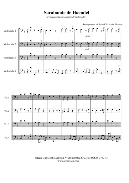 Sarabande by G.F. Handel --- arr. for cello quartet by Jean-Christophe Masson --- FULL SCORE AND PAR image number null