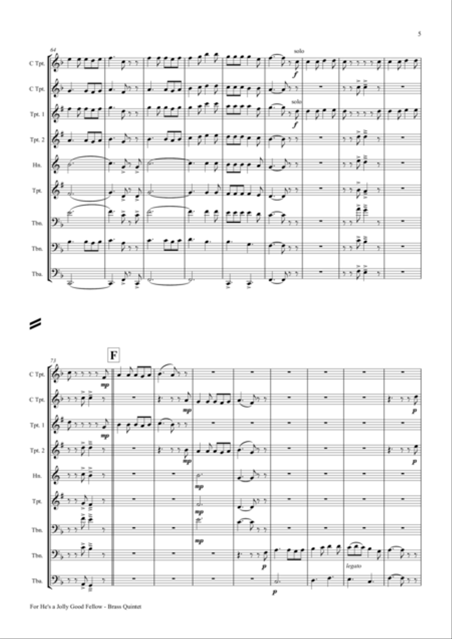 For He's a Jolly Good Fellow - Folk Song and Toast - Brass Quintet Brass Quintet scores gallery preview page 5