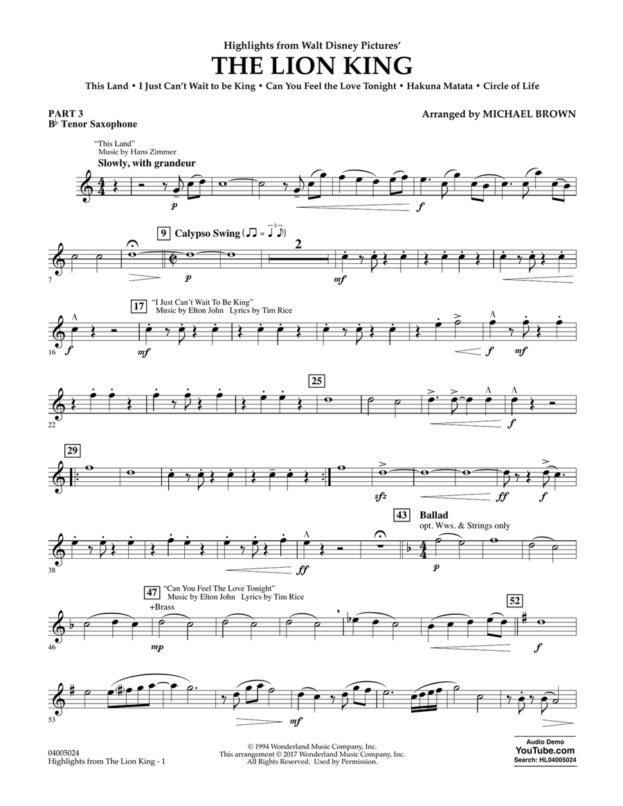 Highlights from The Lion King - Pt.3 - Bb Tenor Saxophone