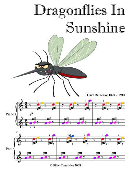 Dragonflies in Sunshine Easy Piano Sheet Music with Colored Notation