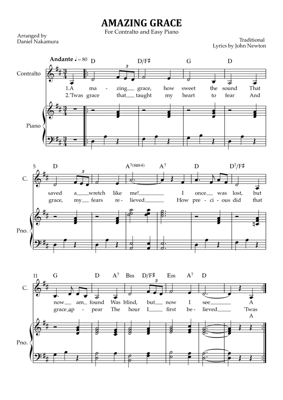 Amazing Grace (for contralto vocal with easy piano) Easy Piano scores gallery preview page 1